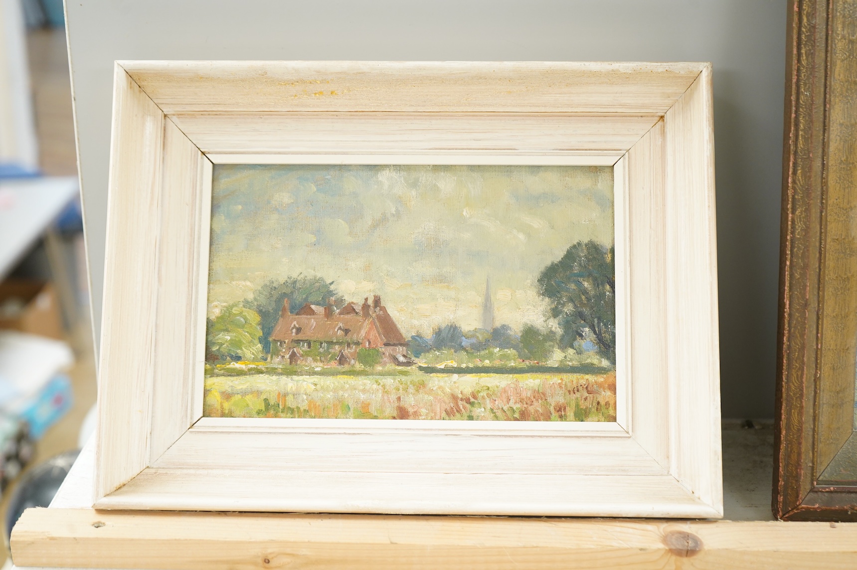 David Birch ROI (1895-1968), 'Salisbury from Britford', unsigned, inscribed label verso, oil on canvas board, 13.5 x 21.5cm